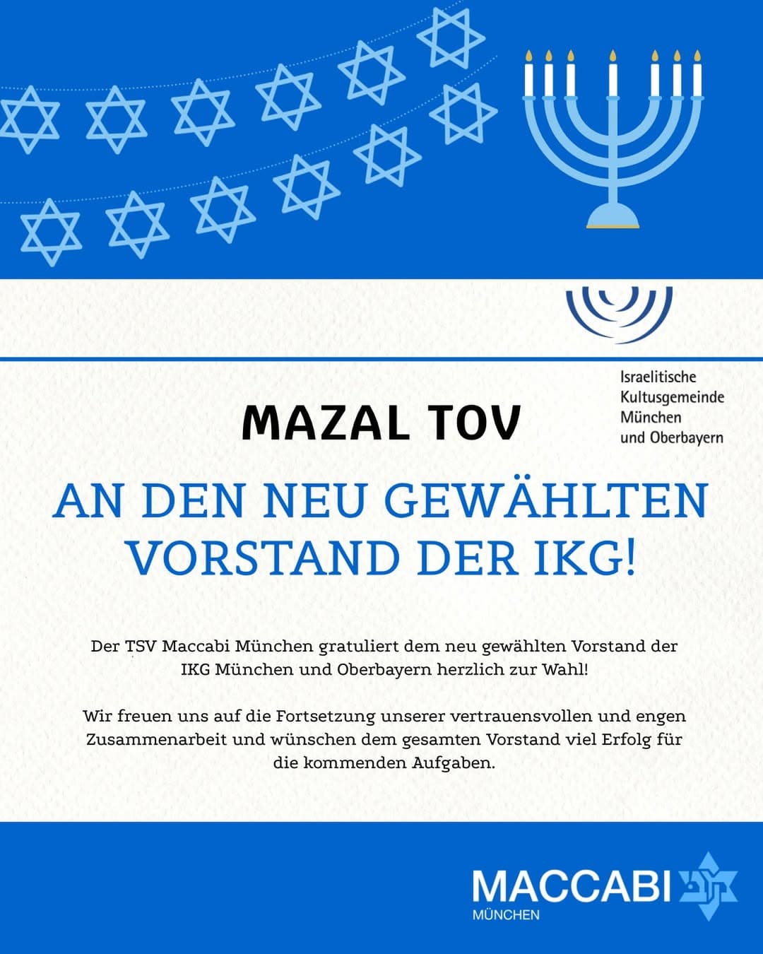 Glückwunsch des TSV Maccabi München an den neu gewählten IKG-Vorstand